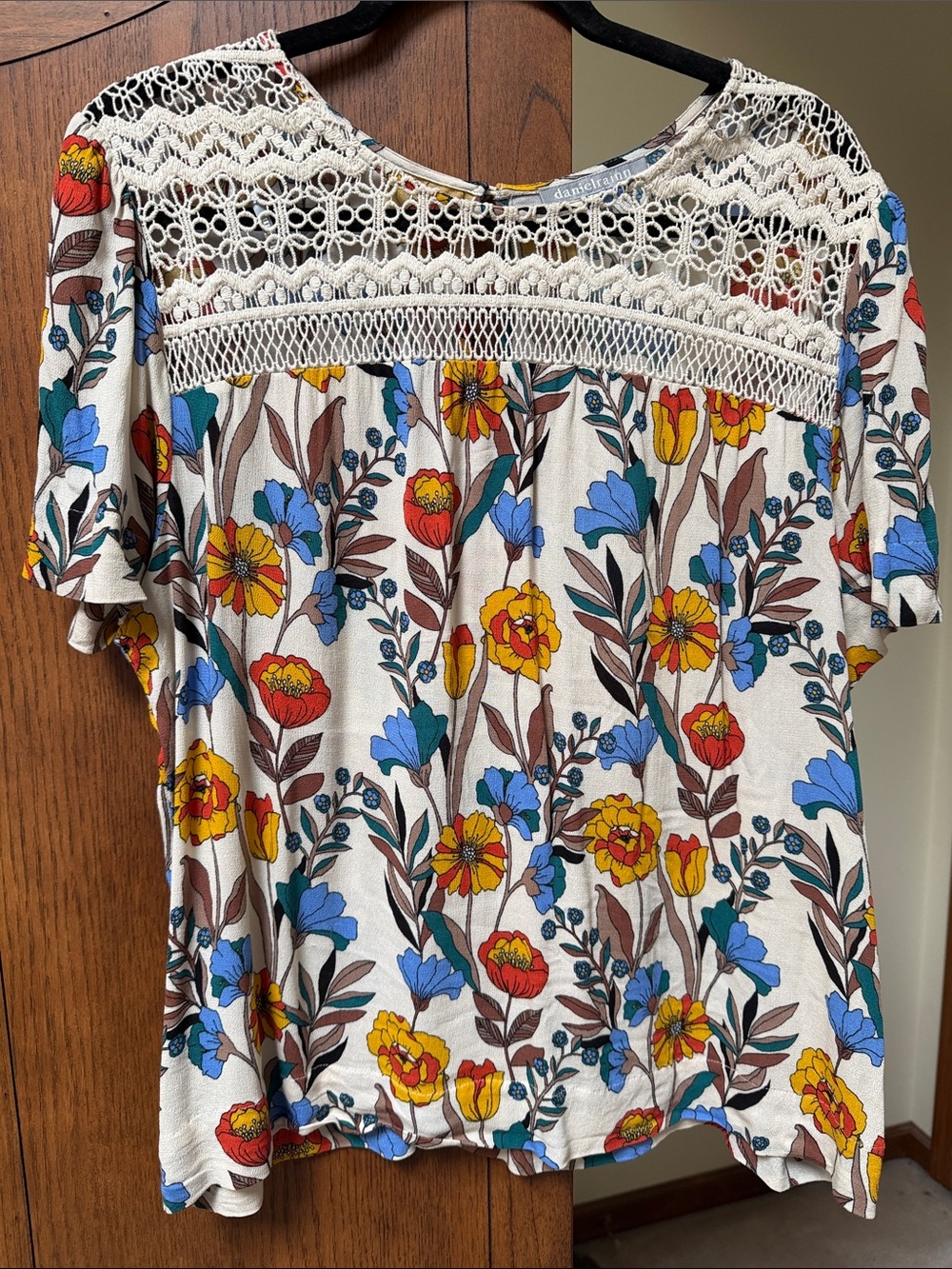 Daniel Rainn Cream Floral Lace Yoke Blouse with Blue, Yellow & Red Flowers